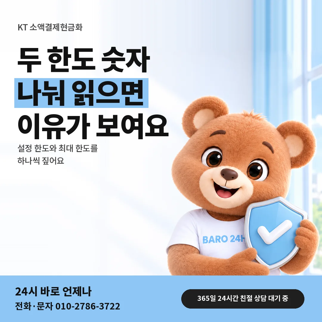 방패를 든 BARO 24H 티셔츠를 입은 3D 곰 캐릭터 옆에 「KT 설정 한도와 최대 한도」 제목을 얹은 안내 카드
