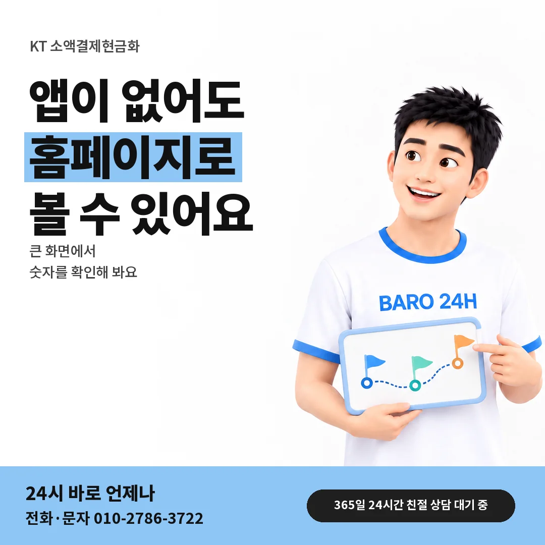 BARO 24H 티셔츠를 입은 3D 인물 옆에 「KT 홈페이지에서 한도 보기」 제목을 얹은 안내 카드